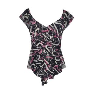 Y2K Mesh Asymmetrical Black + White Graphic V-Neck Top w/ Pink Swirls Small